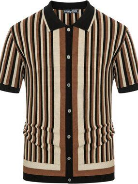 Men's Black-coffe Retro Knit Polo Vintage Striped Casual Summer Shirt